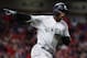 CLEVELAND, OH - OCTOBER 11: Didi Gregorius #18 of the New York Yankees celebrates his two-run homerun as he runs the bases in the third inning against the Cleveland Indians in game five of the American League Divisional Series at Progressive Field on October 11, 2017 in Cleveland, Ohio. (Photo by Gregory Shamus/Getty Images)