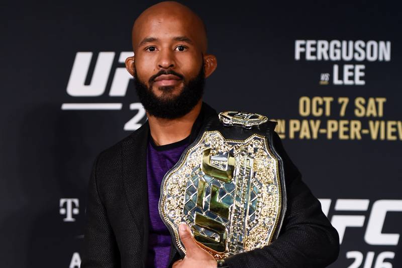 LAS VEGAS, NV - OCTOBER 07: UFC featherweight champion Demetrious Johnson poses for a picture during the UFC 216 event inside TMobile Arena on October 7, 2017 in Las Vegas, Nevada. (Photo by Brandon Magnus/Zuffa LLC/Zuffa LLC via Getty Images)