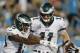Philadelphia Eagles' Nelson Agholor (13) celebrates his touchdown catch against the Carolina Panthers with quarterback Carson Wentz (11) in the second half of an NFL football game in Charlotte, N.C., Thursday, Oct. 12, 2017. (AP Photo/Bob Leverone)