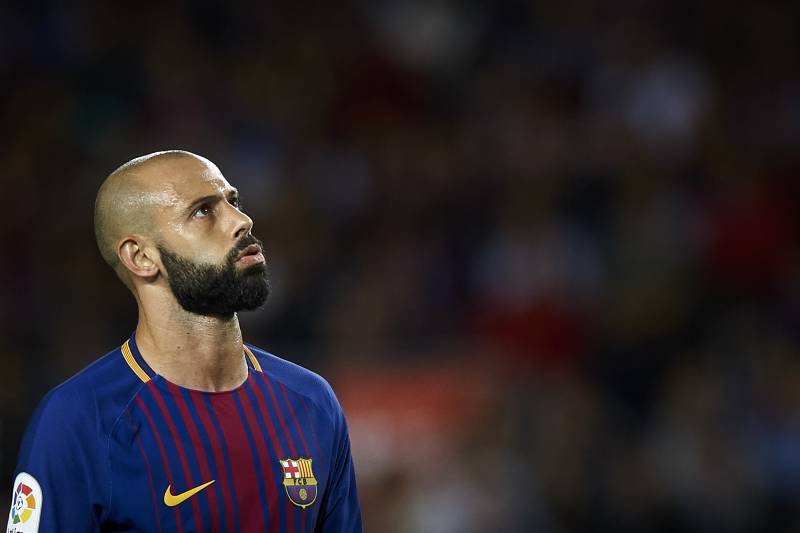 BARCELONA, SPAIN - SEPTEMBER 19: Javier Mascherano of Barcelona looks on during the La Liga match between Barcelona and Eibar at Camp Nou on September 19, 2017 in Barcelona, Spain. (Photo by fotopress/Getty Images)