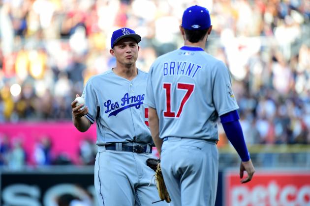 SAN DIEGO, CA - JULY 12:  (L-R) Corey Seager #5 of the Los Angeles Dodgers talks to Kris Bryant #17 of the Chicago Cubs and the National League during the 87th Annual MLB All-Star Game at PETCO Park on July 12, 2016 in San Diego, California.  (Photo by Harry How/Getty Images)