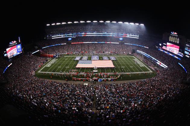 FOXBORO, MA - SEPTEMBER 07:  A general view as New England Patriots Super Bowl Championship banners and an American flag are displayed on the field during the national anthem prior to the game between the Kansas City Chiefs and the New England Patriots at Gillette Stadium on September 7, 2017 in Foxboro, Massachusetts.  (Photo by Adam Glanzman/Getty Images)