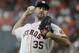 Houston Astros starting pitcher Justin Verlander throws during the first inning of Game 2 of baseball's American League Championship Series against the New York Yankees Saturday, Oct. 14, 2017, in Houston. (AP Photo/Tony Gutierrez)