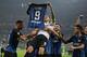 MILAN, ITALY - OCTOBER 15: Mauro Emanuel Icardi of FC Internazionale Milano (C) celebrates his third goal with his team-mates during the Serie A match between FC Internazionale and AC Milan at Stadio Giuseppe Meazza on October 15, 2017 in Milan, Italy. (Photo by Emilio Andreoli/Getty Images)
