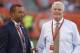 Sashi Brown, acting executive vice president of football operations for the Cleveland Browns, left, speaks with Browns' owner Jimmy Haslam on the field during practice before an NFL preseason football game against the Atlanta Falcons, Thursday, Aug. 18, 2016, in Cleveland. (AP Photo/Ron Schwane)