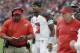 An injured Tampa Bay Buccaneers quarterback Jameis Winston (3) watches the game from the sidelines during the second half of an NFL football game against the Arizona Cardinals, Sunday, Oct. 15, 2017, in Glendale, Ariz. The Cardinals defeated the Buccaneers 38-33. (AP Photo/Rick Scuteri)