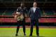Britain's Anthony Joshua (L) and Bulgaria's Kubrat Pulev (R) stand on the pitch at the Principality Stadium in Cardiff on September 11, 2017 during a promotional event for their heavyweight world title boxing match.
Britain's Anthony Joshua will defend his IBO, IBF and WBA world heavyweight titles against Bulgaria's Kubrat Pulev at Cardiff's Principality Stadium on October 28.
/ AFP PHOTO / Geoff CADDICK (Photo credit should read GEOFF CADDICK/AFP/Getty Images)