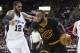 CLEVELAND, OH - JANUARY 21: LaMarcus Aldridge #12 of the San Antonio Spurs puts pressure on LeBron James #23 of the Cleveland Cavaliers during the first half at Quicken Loans Arena on January 21, 2017 in Cleveland, Ohio. NOTE TO USER: User expressly acknowledges and agrees that, by downloading and/or using this photograph, user is consenting to the terms and conditions of the Getty Images License Agreement. Mandatory copyright notice. (Photo by Jason Miller/Getty Images)