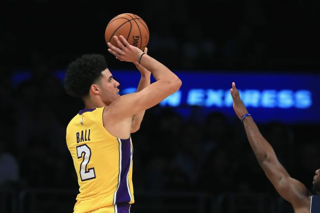 LOS ANGELES, CA - OCTOBER 02:  Lonzo Ball #2 of the Los Angeles Lakers shoots the ball during the second half of a preseason game against the Denver Nuggets  at Staples Center on October 2, 2017 in Los Angeles, California.  NOTE TO USER: User expressly acknowledges and agrees that, by downloading and or using this Photograph, user is consenting to the terms and conditions of the Getty Images License Agreement  (Photo by Sean M. Haffey/Getty Images)