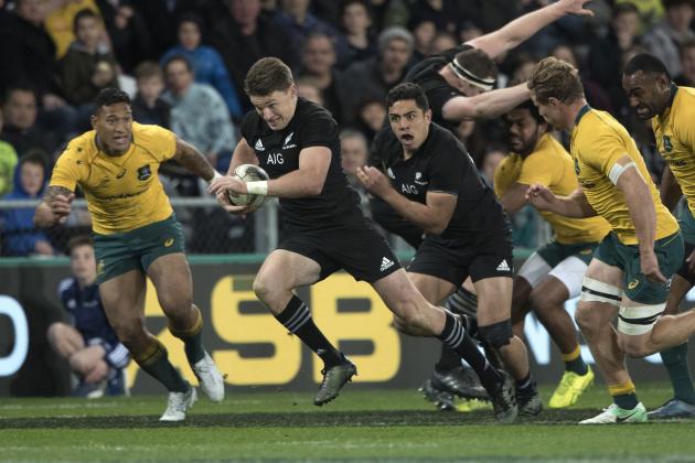 New Zealand flyhalf Beauden Barrett makes a break during their Bledisloe Cup rugby test against Australia in Dunedin, New Zealand, Saturday, Aug. 26, 2017. The All Blacks defeated the Wallabies 35-29. (Brett Phibbs/New Zealand Herald via AP)