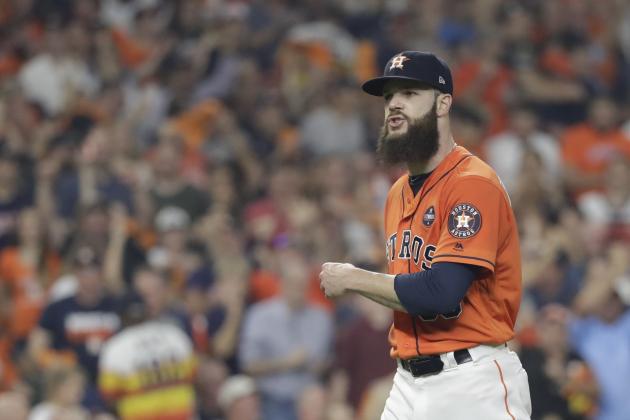 Houston Astros starting pitcher Dallas Keuchel reacts after striking out New York Yankees' Aaron Judge during the third inning of Game 1 of baseball's American League Championship Series Friday, Oct. 13, 2017, in Houston. (AP Photo/David J. Phillip)