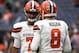 Cleveland Browns quarterbacks DeShone Kizer (7) and Kevin Hogan (8) before an NFL football game against the Houston Texans, Sunday, Oct. 15, 2017, in Houston. (AP Photo/Eric Christian Smith)