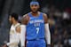 Oklahoma City Thunder forward Carmelo Anthony (7) in the first half of an NBA preseason basketball game Tuesday, Oct. 10, 2017, in Denver. (AP Photo/David Zalubowski)