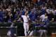 Chicago Cubs' Javier Baez celebrates after hitting his second home run during the fifth inning of Game 4 of baseball's National League Championship Series against the Los Angeles Dodgers, Wednesday, Oct. 18, 2017, in Chicago. (AP Photo/Matt Slocum)