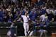 Chicago Cubs' Javier Baez celebrates after hitting his second home run during the fifth inning of Game 4 of baseball's National League Championship Series against the Los Angeles Dodgers, Wednesday, Oct. 18, 2017, in Chicago. (AP Photo/Matt Slocum)