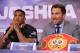 LONDON, ENGLAND - APRIL 27: Eddie Hearn, boxing promoter (R) and Anthony Joshua (L) speak during a press conference for his Super Heavyweight title fight against Wladamir Klitschko at Sky Sports Studios on April 27, 2017 in London, England. Anthony Joshua and Wladamir Klitschko are due to fight for the IBF, IBO and WBA Super Heavyweight Championships of the World at Wembley Stadium on April 29. (Photo by Richard Heathcote/Getty Images)