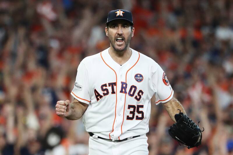 HOUSTON, TX - OCTOBER 14: Justin Verlander #35 of the Houston Astros celebrates after striking out Brett Gardner #11 of the New York Yankees in the eighth inning during game two of the American League Championship Series at Minute Maid Park on October 14, 2017 in Houston, Texas. (Photo by Elsa/Getty Images)