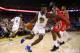 OAKLAND, CA - OCTOBER 17: Jordan Bell #2 of the Golden State Warriors drives to the hoop against James Harden #13 of the Houston Rockets during their NBA game at ORACLE Arena on October 17, 2017 in Oakland, California. NOTE TO USER: User expressly acknowledges and agrees that, by downloading and or using this photograph, User is consenting to the terms and conditions of the Getty Images License Agreement. (Photo by Ezra Shaw/Getty Images)