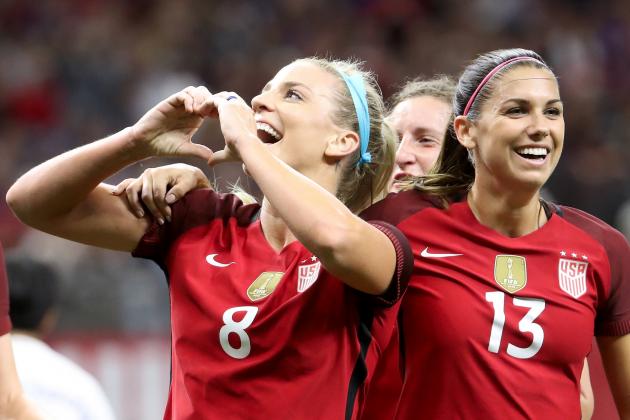 NEW ORLEANS, LA - OCTOBER 19:  Julie Ertz of the USA celebrates after scoring a goal with Alex Morgan of the USA against the Korea Republic at the Mercedes-Benz Superdome on October 19, 2017 in New Orleans, Louisiana.  (Photo by Chris Graythen/Getty Images)