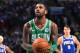 PHILADELPHIA, PA - OCTOBER 20: Kyrie Irving #11 of the Boston Celtics shoots a free throw against the Philadelphia 76ers during the game on October 20, 2017 at Wells Fargo Center in Philadelphia, Pennsylvania. NOTE TO USER: User expressly acknowledges and agrees that, by downloading and or using this photograph, User is consenting to the terms and conditions of the Getty Images License Agreement. Mandatory Copyright Notice: Copyright 2017 NBAE (Photo by Jesse D. Garrabrant/NBAE via Getty Images)