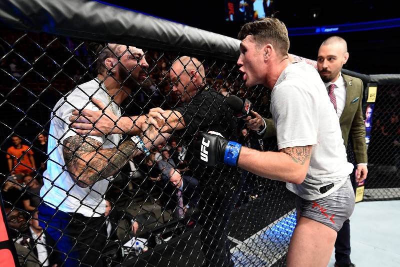 GDANSK, POLAND - OCTOBER 21: (R-L) Darren Till of England has words with Mike Perry after his victory over Donald Cerrone during the UFC Fight Night event inside Ergo Arena on October 21, 2017 in Gdansk, Poland. (Photo by Jeff Bottari/Zuffa LLC/Zuffa LLC via Getty Images)