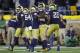 SOUTH BEND, IN - OCTOBER 21: Drue Tranquill #23 of the Notre Dame Fighting Irish celebrates with teammates after recovering a fumbled punt in the second quarter of a game against the USC Trojans at Notre Dame Stadium on October 21, 2017 in South Bend, Indiana. (Photo by Joe Robbins/Getty Images)