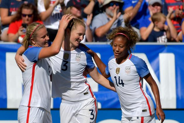CARY, NC - OCTOBER 22: Teammates congratulate Samantha Mewis #3 of USA adfter scoring her second goal of the half against Korea Republic during their game at WakeMed Soccer Park on October 22, 2017 in Cary, North Carolina. (Photo by Grant Halverson/Getty Images)