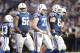 Members of the Indianapolis Colts offensive line, left to right, Le'Raven Clark, Mike Personand Indianapolis Colts offensive guard Jeremy Vujnovich (67) come to the line of scrimmage against the Jacksonville Jaguars during the second half of an NFL football game in Indianapolis, Sunday, Oct. 22, 2017. (AP Photo/AJ Mast)