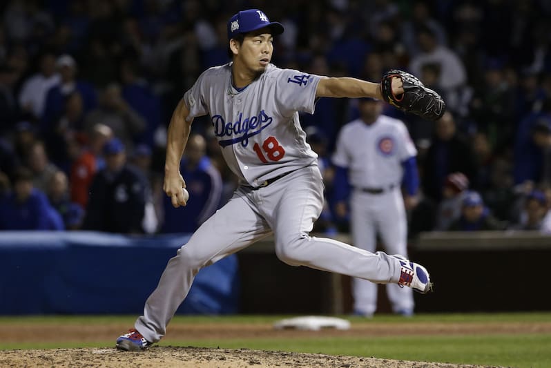 Los Angeles Dodgers' Kenta Maeda throws during the seventh inning of Game 5 of baseball's National League Championship Series against the Chicago Cubs, Thursday, Oct. 19, 2017, in Chicago. (AP Photo/Nam Y. Huh)