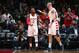 WASHINGTON, DC - MAY 12: John Wall #2 and Marcin Gortat #13 of the Washington Wizards high five each other during the game against the Boston Celtics during Game Six of the Eastern Conference Semifinals of the 2017 NBA Playoffs on May 12, 2017 at Verizon Center in Washington, DC. NOTE TO USER: User expressly acknowledges and agrees that, by downloading and or using this Photograph, user is consenting to the terms and conditions of the Getty Images License Agreement. Mandatory Copyright Notice: Copyright 2017 NBAE (Photo by Ned Dishman/NBAE via Getty Images)