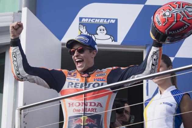 PHILLIP ISLAND, AUSTRALIA - OCTOBER 22: Marc Marquez of Spain and Repsol Honda Team celebrates victory on the podium at the end of the MotoGP race during the 2017 MotoGP of Australia at Phillip Island Grand Prix Circuit on October 22, 2017 in Phillip Island, Australia. (Photo by Mirco Lazzari gp/Getty Images)