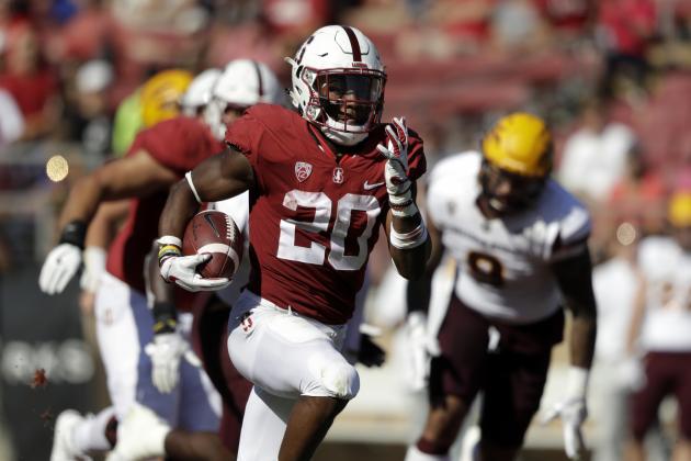Stanford running back Bryce Love runs against Arizona State during the second half of an NCAA college football game Saturday, Sept. 30, 2017, in Stanford, Calif. (AP Photo/Marcio Jose Sanchez)