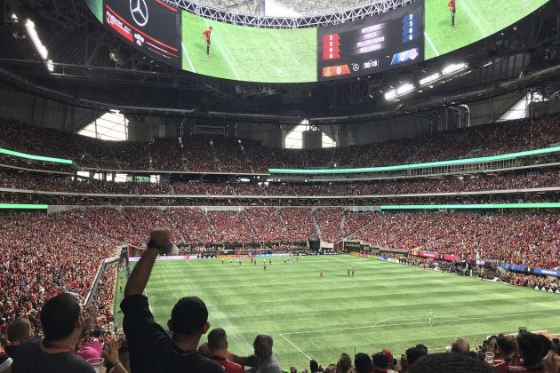 In this Oct. 22, 2017 photo, the crowd cheers as Atlanta United goal takes on Toronto FC in an MLS soccer match in Atlanta. Welcome to Atlanta, soccer's newest hotbed, which amazingly enough has sprouted up in a city known for its fickle sports fans and plenty of heartbreak from its teams.  (AP Photo/Paul Newberry)