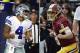 FILE - At left, in an Oct. 30, 2016, file photo, Dallas Cowboys quarterback Dak Prescott (4) celebrates after scoring on a running play in the first half of an NFL football game against the Philadelphia Eagles, in Arlington, Texas. At right, in an Oct. 2, 2016, file photo, Washington Redskins quarterback Kirk Cousins (8) celebrates after a touchdown during the first half of an NFL football game against the Cleveland Browns, in Landover, Md. Cousins was rolling the last time the Washington quarterback visited Dallas with Tony Romo sidelined, just as he is this year. The Cowboys have an answer this time in rookie Dak Prescott. (AP Photo/File)