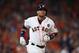 HOUSTON, TX - OCTOBER 27: Yuli Gurriel #10 of the Houston Astros reacts after hitting a solo home run during the second inning against the Los Angeles Dodgers in game three of the 2017 World Series at Minute Maid Park on October 27, 2017 in Houston, Texas. (Photo by Ezra Shaw/Getty Images)