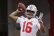 Ohio State quarterback J.T. Barrett (16) throws during warmups before an NCAA college football game against Nebraska in Lincoln, Neb., Saturday, Oct. 14, 2017. (AP Photo/Nati Harnik)