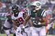 EAST RUTHERFORD, NJ - OCTOBER 29: Running back Matt Forte #22 of the New York Jets runs the ball against defensive end Adrian Clayborn #99 of the Atlanta Falcons during the fourth quarter of the game at MetLife Stadium on October 29, 2017 in East Rutherford, New Jersey. The Atlanta Falcons won 25-20. (Photo by Al Bello/Getty Images)