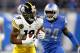 DETROIT, MI - OCTOBER 29: Wide receiver JuJu Smith-Schuster #19 of the Pittsburgh Steelers runs with the ball after a making a catch against cornerback Nevin Lawson #24 of the Detroit Lions at Ford Field on October 29, 2017 in Detroit, Michigan. (Photo by Gregory Shamus/Getty Images)