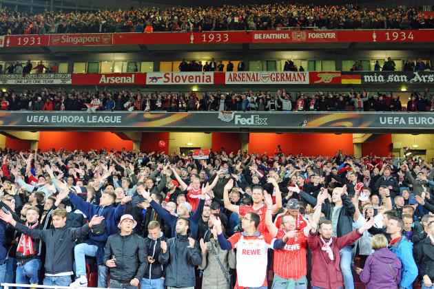 LONDON, ENGLAND - SEPTEMBER 14: Fans of Koeln are seen during the UEFA Europa League group H match between Arsenal FC and 1. FC Koeln at Emirates Stadium on September 14, 2017 in London, United Kingdom. (Photo by TF-Images/TF-Images via Getty Images)