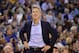 Golden State Warriors head coach Steve Kerr stands on the court in the second half of an NBA basketball game against the Memphis Grizzlies Saturday, Oct. 21, 2017, in Memphis, Tenn. (AP Photo/Brandon Dill)