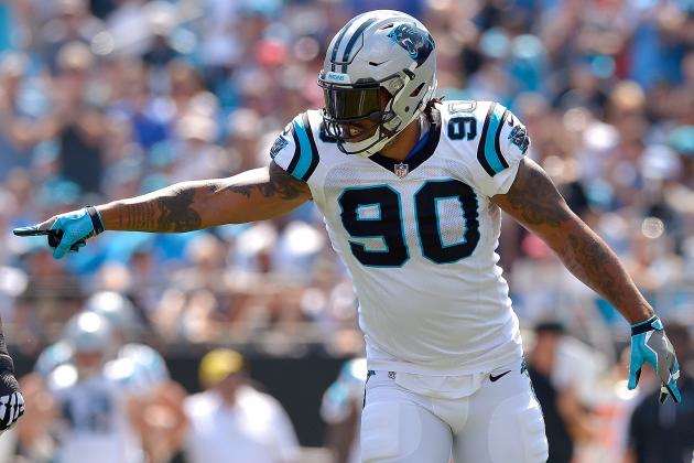 CHARLOTTE, NC - SEPTEMBER 17:  Julius Peppers #90 of the Carolina Panthers against the Buffalo Bills during their game at Bank of America Stadium on September 17, 2017 in Charlotte, North Carolina.  (Photo by Grant Halverson/Getty Images)