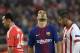 Barcelona's Uruguayan forward Luis Suarez (C) reacts after missing to score during the UEFA Champions League group D football match between FC Barcelona and Olympiakos FC at the Karaiskakis stadium in Piraeus near Athens on October 31, 2017. / AFP PHOTO / LOUISA GOULIAMAKI (Photo credit should read LOUISA GOULIAMAKI/AFP/Getty Images)