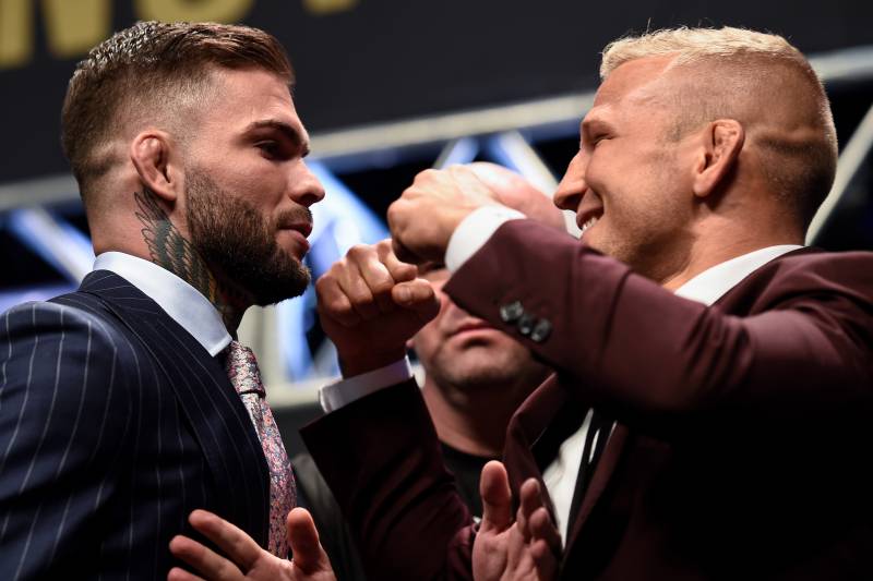 LAS VEGAS, NV - OCTOBER 06: (L-R) Opponents Cody Garbrandt and TJ Dillashaw face off during the UFC 217 news conference inside T-Mobile Arena on October 6, 2017 in Las Vegas, Nevada. (Photo by Brandon Magnus/Zuffa LLC/Zuffa LLC via Getty Images)