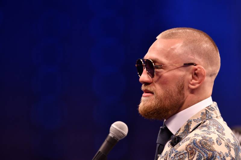 LAS VEGAS, NV - AUGUST 25: Conor McGregor speaks to the media during a news conference after Mayweather's 10th-round TKO victory in their super welterweight boxing match on August 26, 2017 at T-Mobile Arena in Las Vegas, Nevada. (Photo by Jeff Bottari/Zuffa LLC/Zuffa LLC via Getty Images)