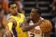 PHOENIX, AZ - OCTOBER 20: Eric Bledsoe #2 of the Phoenix Suns looks to pass around Jordan Clarkson #6 of the Los Angeles Lakers during the NBA game at Talking Stick Resort Arena on October 20, 2017 in Phoenix, Arizona. The Lakers defeated the Suns 132-130. NOTE TO USER: User expressly acknowledges and agrees that, by downloading and or using this photograph, User is consenting to the terms and conditions of the Getty Images License Agreement. (Photo by Christian Petersen/Getty Images)