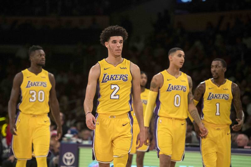 from left los angeles lakers forward julius randle guard lonzo ball forward kyle