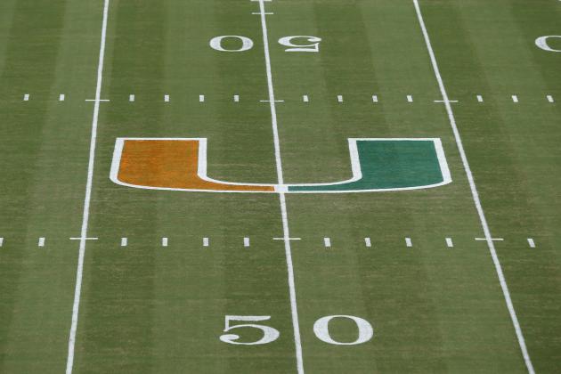 MIAMI GARDENS, FL - SEPTEMBER 21: The Miami Hurricanes logo at midfield prior to the game against the Savannah State Tigers on September 21, 2013 at Sun Life Stadium in Miami Gardens, Florida. Miami defeated Savannah State 77-7. (Photo by Joel Auerbach/Getty Images)
