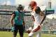 JACKSONVILLE, FL - NOVEMBER 05: A.J. Green #18 of the Cincinnati Bengals and Jalen Ramsey #20 of the Jacksonville Jaguars discuss a play in the first half of their game at EverBank Field on November 5, 2017 in Jacksonville, Florida. (Photo by Logan Bowles/Getty Images)