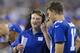 New York Giants coach Ben McAdoo, left, and quarterback Eli Manning talk during the first half of a preseason NFL football game against the New England Patriots on Thursday, Sept. 1, 2016, in East Rutherford, N.J. (AP Photo/Bill Kostroun)