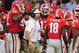 ATHENS, GA - NOVEMBER 4: Head Coach Kirby Smart of the Georgia Bulldogs celebrates with his players late in the game against the South Carolina Gamebads after the game at Sanford Stadium on November 4, 2017 in Athens, Georgia. (Photo by Scott Cunningham/Getty Images)